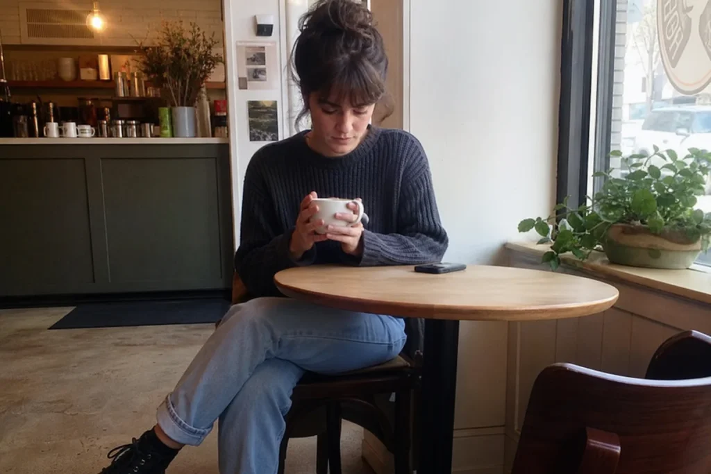 Ung person sitter ensam på café med kaffe i händerna och eftertänksamt nedåtblickande uttryck, en känsla kopplad till Därf...