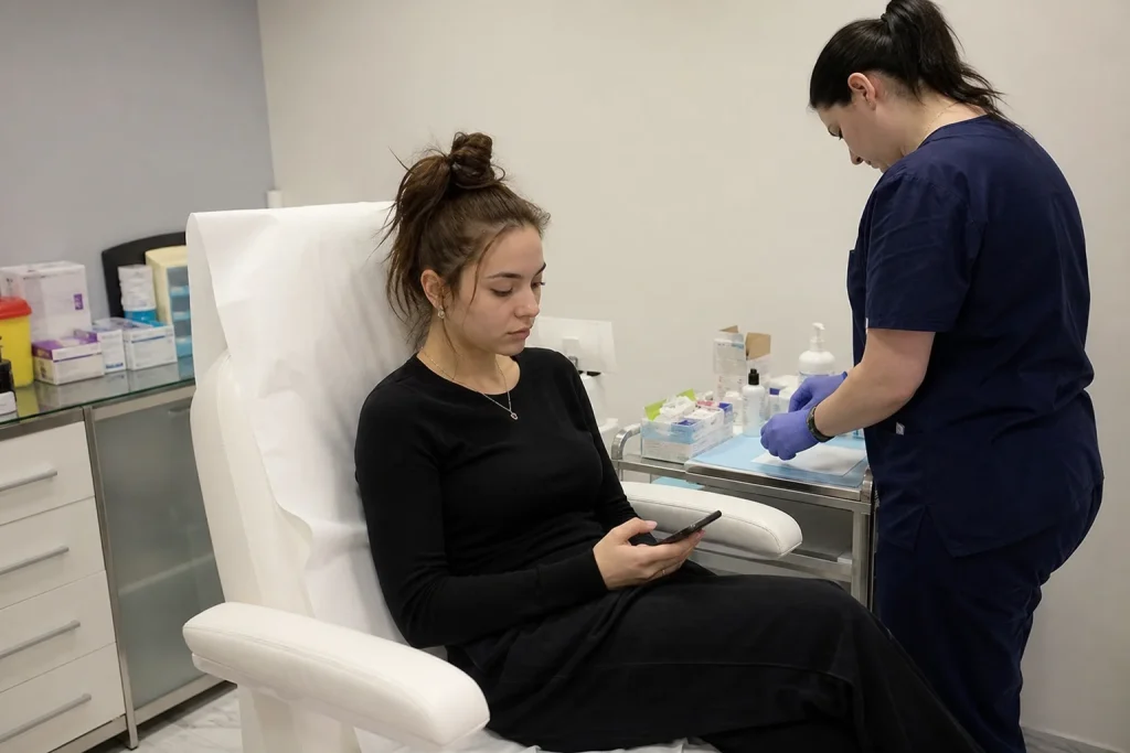 En ung kvinna sitter i en behandlingsstol på en klinik medan en behandlare förbereder något bredvid henne.
