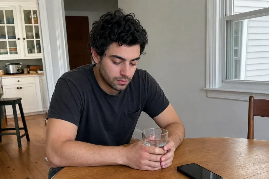 Person sitter vid ett köksbord och håller ett glas vatten, ett vanligt motiv till artikeln Expert: Därför kan du få ångest...