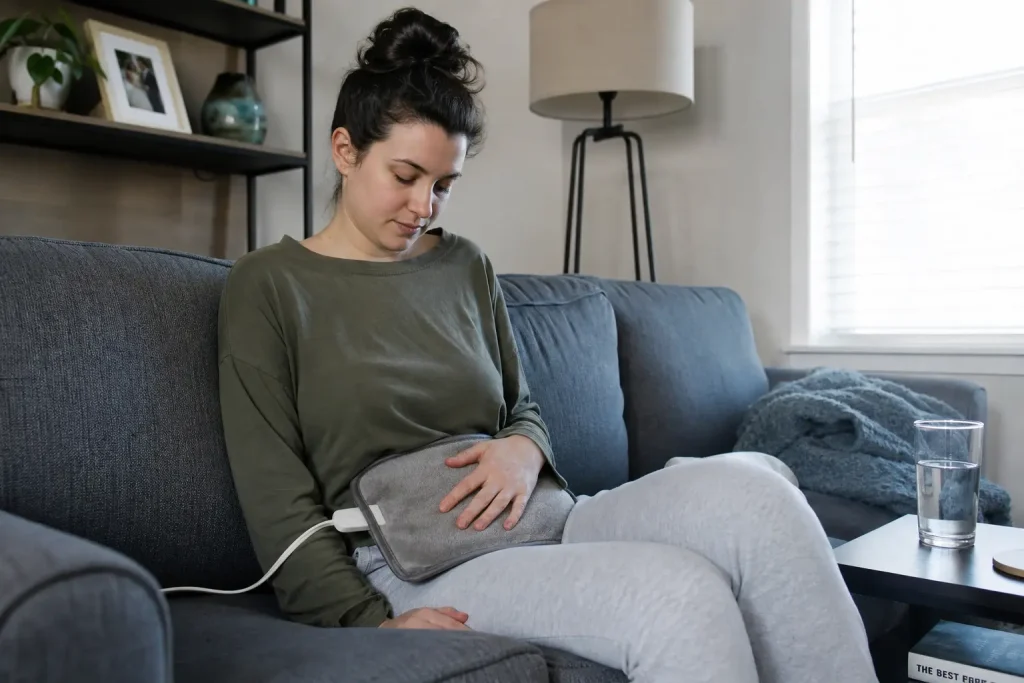 Kvinna sitter i soffa och håller en värmedyna mot magen, ett vanligt sätt att lindra smärta som kan vara endometrios.
