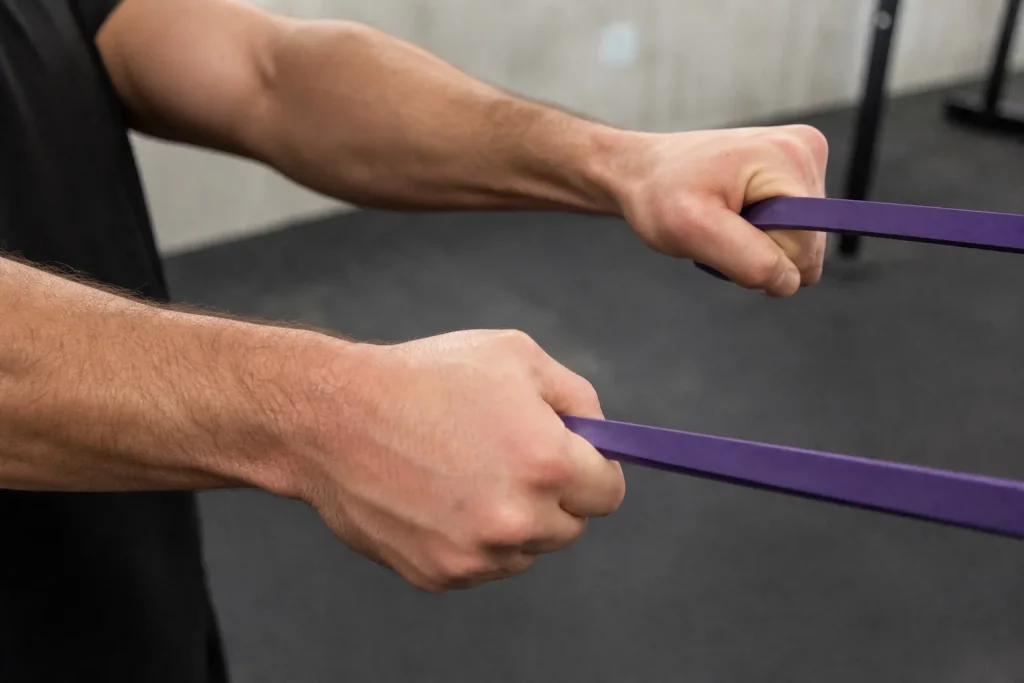 Händer som håller i ett träningsgummiband under ett styrketräningspass, relaterat till Scientists found the strength train...