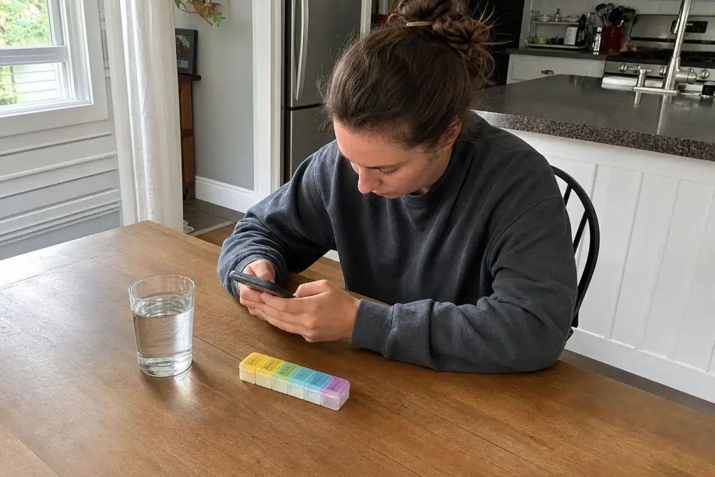 Person sitter vid köksbordet med telefonen och läser om så påverkar antidepressiva hjärnans serotoninsystem.