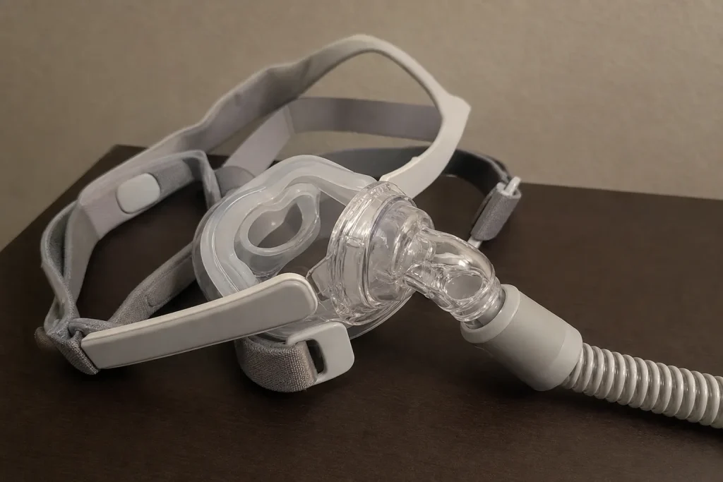 CPAP-mask på ett nattduksbord, fotograferad i vardagligt kvällsljus som en del av rutinen för bättre sömn och vikt.