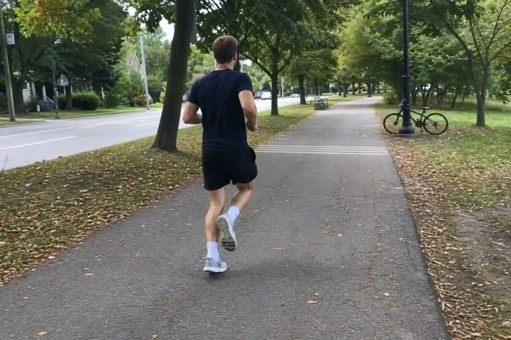 En löpare mitt i steget på en trädkantad asfaltstig, relevant för artikel om löparskador.