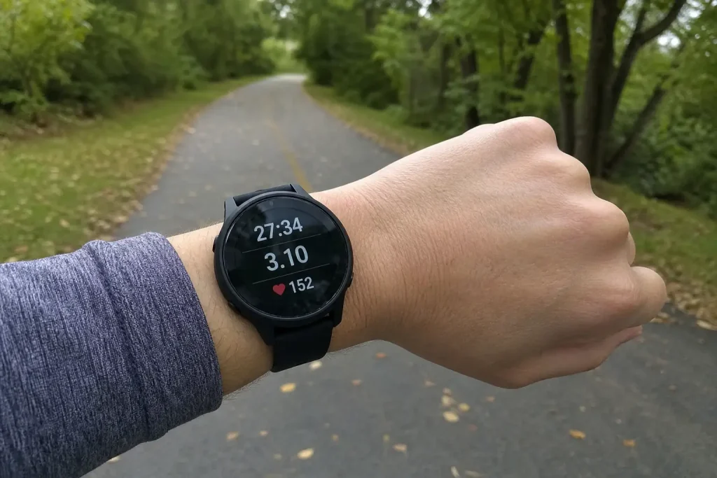 Närbild på ett handled med GPS-klocka under morgonjogg, en del av träningstrender Sverige.