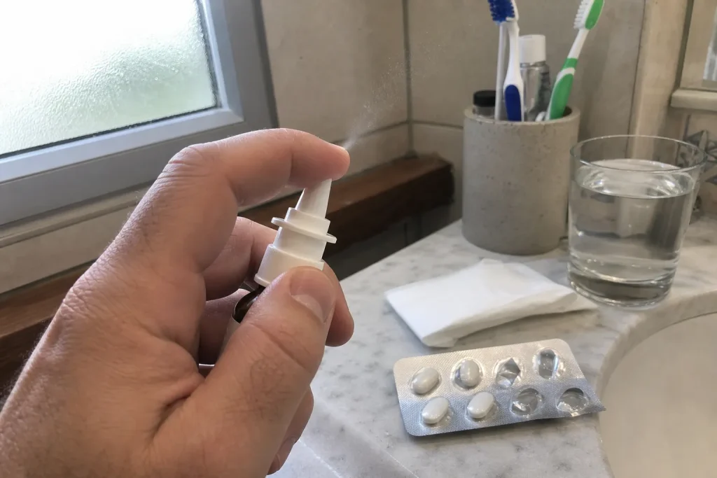 En hand sprejar näsan med allergispray i badrummet, kopplat till artikeln Träningstrenden får fler att söka vård läkaren v...