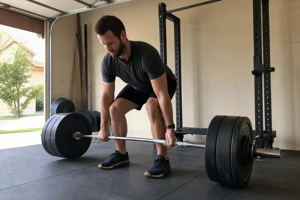 Person lyfter skivstång i hemmagym i garage, ett vardagligt exempel på soft wellness träning i praktiken.