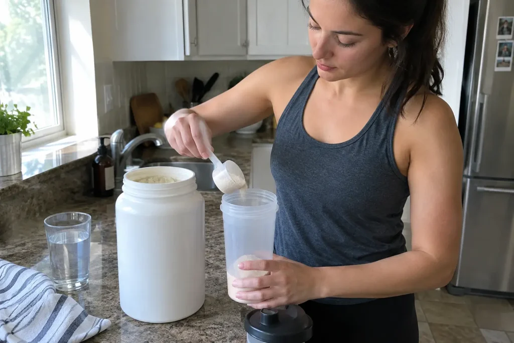 Person skopar proteinpulver i shaker på köksbänk i naturligt dagsljus, ett exempel på bästa proteinpulvret