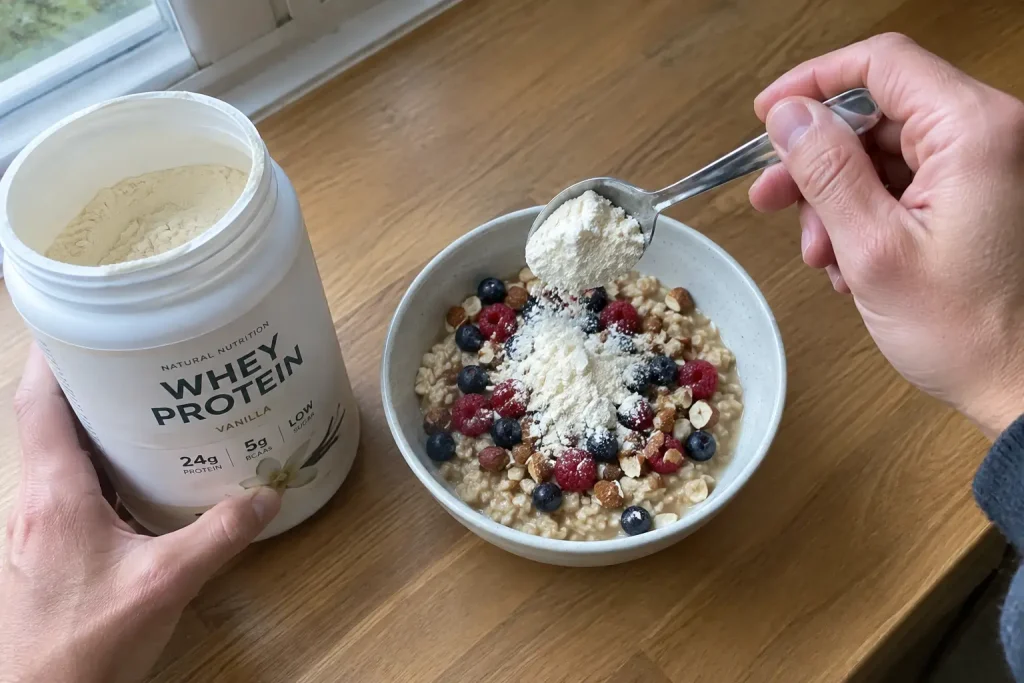 Händer skedar bästa proteinpulvret i en skål havregrynsgröt med bär och nötter på köksbänken
