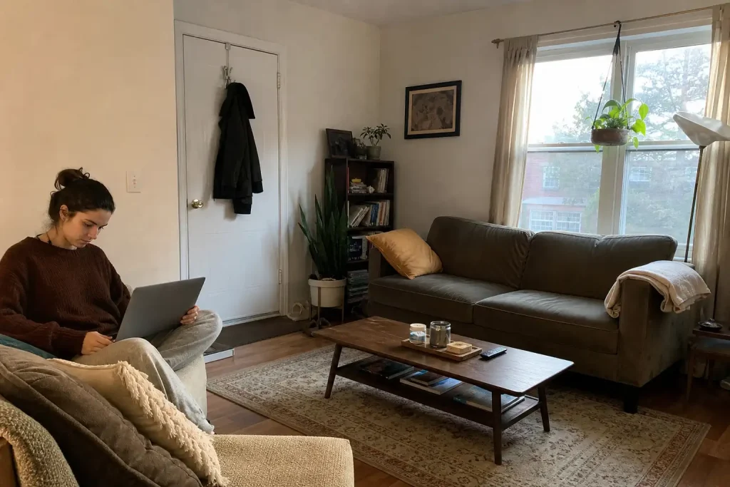 Kvinna med ont i knät sitter i soffan med datorn i knät i ett mysigt vardagsrum