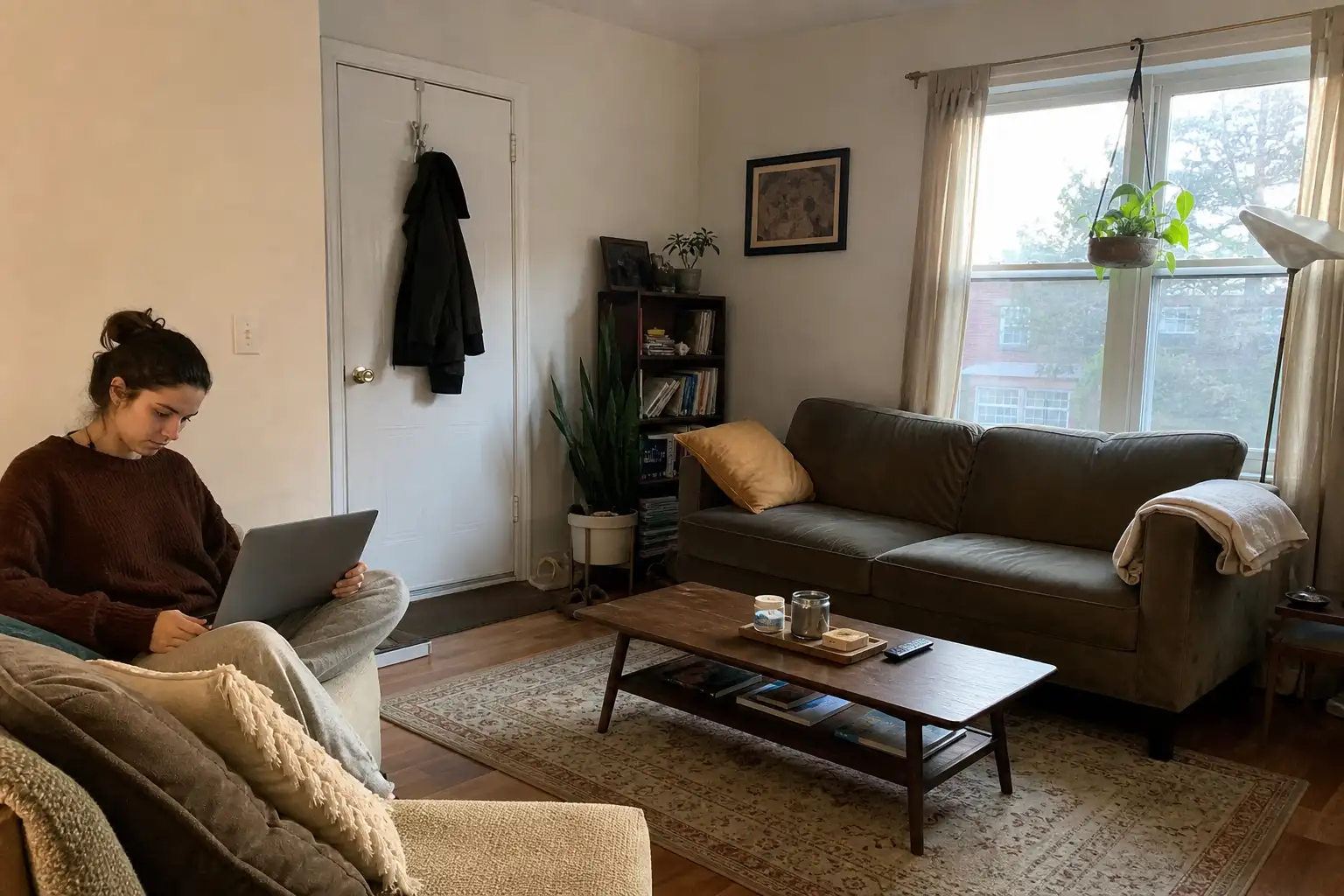 Kvinna med ont i knät sitter i soffan med datorn i knät i ett mysigt vardagsrum