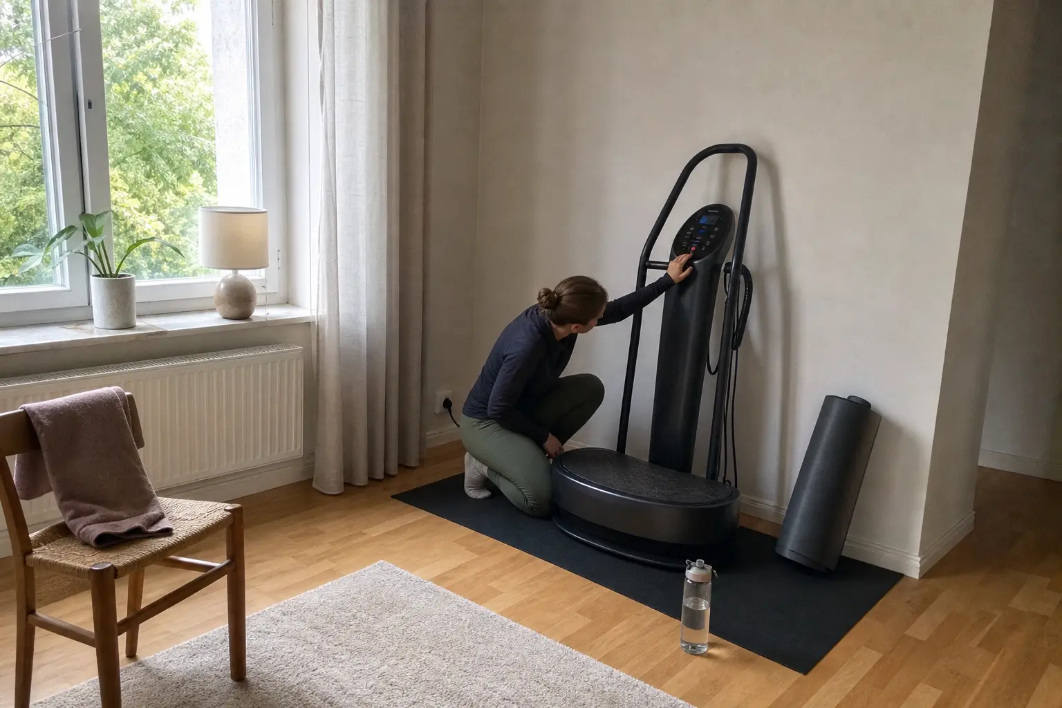Vibrationsplatta i hemmagym vid fönster, person justerar inställningar i bakgrunden.