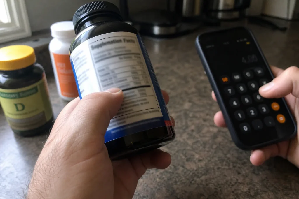 En hand håller en flaska omega-3-kapslar i köket och läser innehållsförteckningen på etiketten.