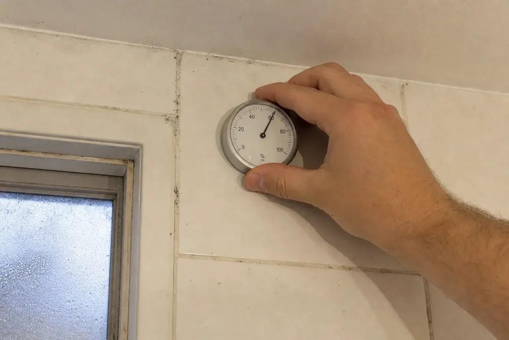 En hand håller en analog hygrometer mot ett kaklat badrumshörn med spår av mögel i fogen, ett tecken på mögel i hemmet sym...