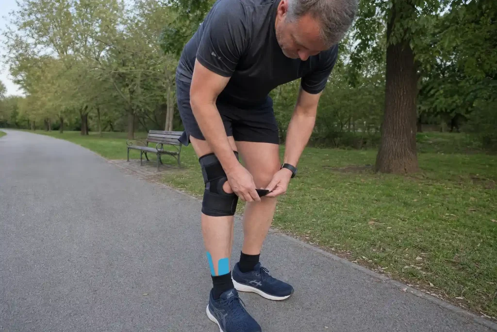 Medelålders löpare justerar knäskydd på joggingstig, ett vanligt tecken på ont i knät.