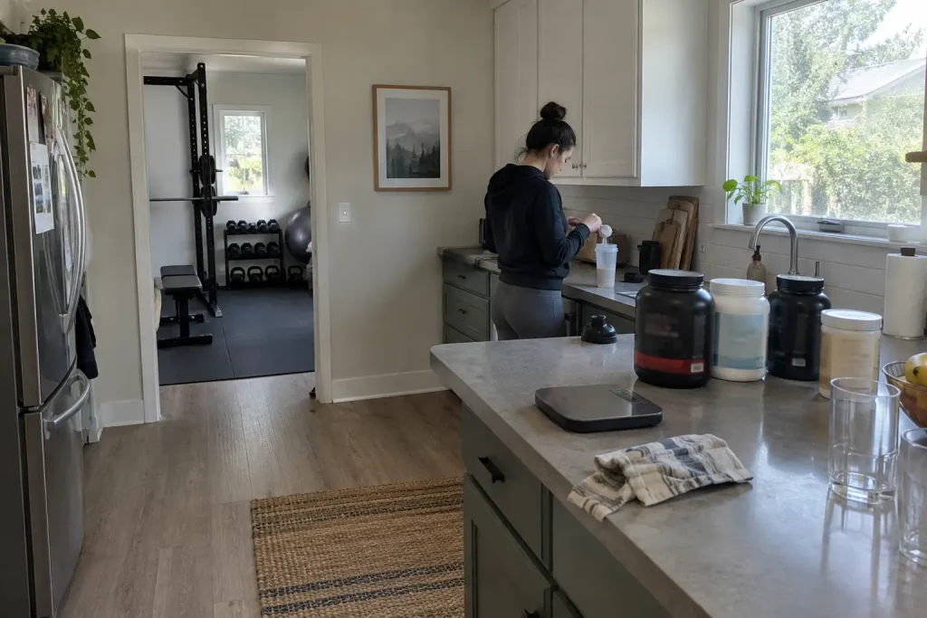 Person skopar proteinpulver i shaker vid köksbänk med olika burkar, en vardaglig bild i jakten på bästa proteinpulvret