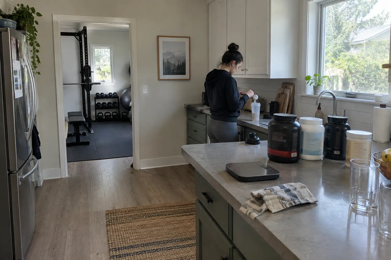 Person skopar proteinpulver i shaker vid köksbänk med olika burkar, en vardaglig bild i jakten på bästa proteinpulvret