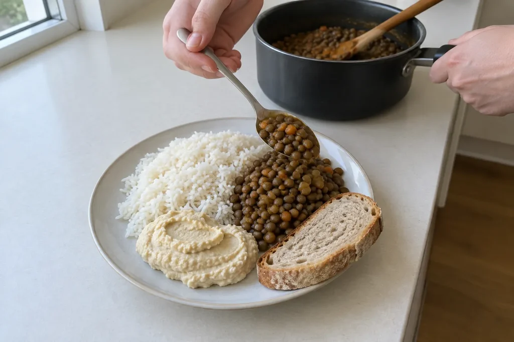 Linser, ris och hummus på en tallrik, ett exempel på måltid när man undrar hur mycket protein som behövs vid träning