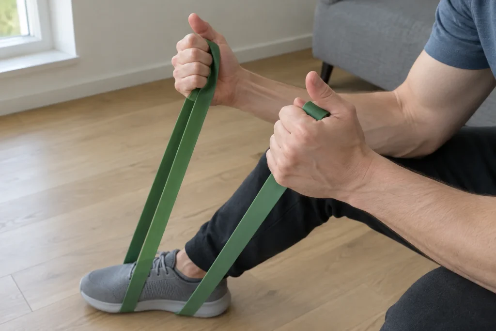 Händer gör hammarcurl med grönt gummiband under en sko vid gummiband träning hemma