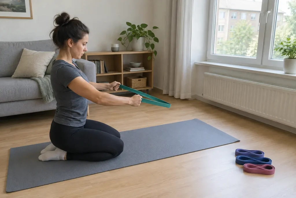 Person gör gummiband träning på en gympamatta i ett ljust vardagsrum